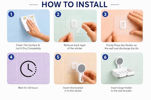 Image of Stickable Soap Holder for Washbasin | Compact Dish | Self adhesive wall mounted bathroom organizer without drill. Single plastic soap stand. Space saving rental friendly storage.