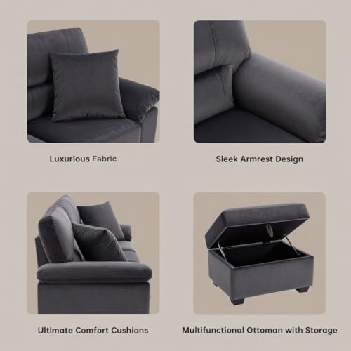 Image of Anderson 6 Seater Fabric Sofa Set (3+2+1) with Storage Ottoman Dark Grey, Premium Velvet Finish Upholstery, Solid Wood Frame, High Density Foam Cushions, Modern Living Room Furniture