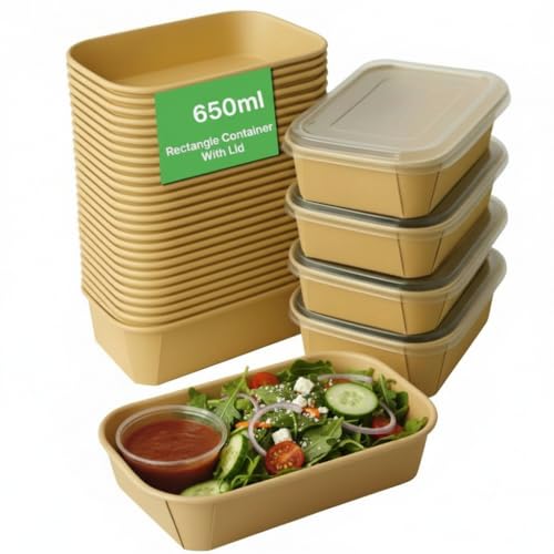 TABLECARE 25 Pack 650 ml Paper Disposable Containers For Food with Lids | Rectangular Meal Prep Containers & Take Out Box | Leak-Proof Food Storage Containers, Food Packing Box For Kitchen