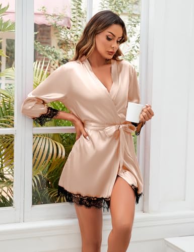 Image of Women's Silk Robe Short Sexy Lace Bride Party Satin Bathrobe Kimono Sleepwear