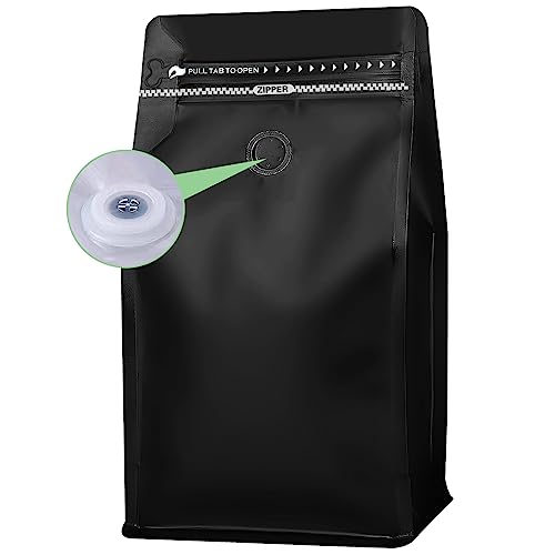 REMTAP Coffee Bags with Valve(50pcs 12 oz 3/4 lb) balck High Barrier Aluminumed Foil Flat Bottom Standing Coffee Beans Storage Bags Reusable Heat Sealable Side Zipper Pouches for Home or Store