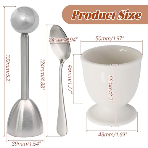 Image of 5 Pcs Ceramic Egg Cup & Egg Topper Cutter Set for Soft Boiled Eggs | Include 2 White Porcelain Egg Cups, 1 Stainless Steel Egg Cutter, 2 SS Spoons in Kitchen for Breakfast Cooking /Gift Childhood