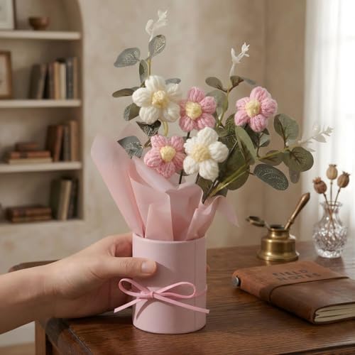 Image of 1Pcs Artificial Crochet Flower Bouquet /Artificial Flowers Bunch /Crochet Flowers Bouquet /Crochet Flowers /Flower Bouquet Gifts for Girls, Home Decor, Gifting (Pink Daisy Bouquet)
