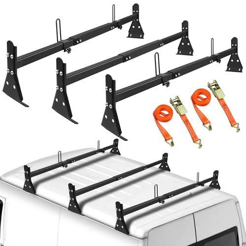 Ladder Rack for Van, Van Roof Rack Compatible with Chevy Express 1500 2500 3500 Ford Econoline GMC Savana Fullsize with Rain Gutter, Adjustable Length 57''-65'', 3 Bars, 800 Lbs, Black