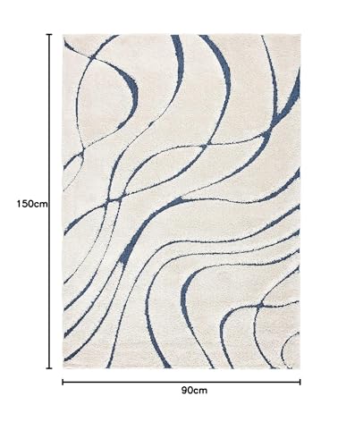 Image of Geometric Wave Shaggy Rectangular Carpet For Living Room,Bedroom,High Low Design Finish Microfiber 1.8 Inch Pile High,3X5 Feet Ivory|Blue Color