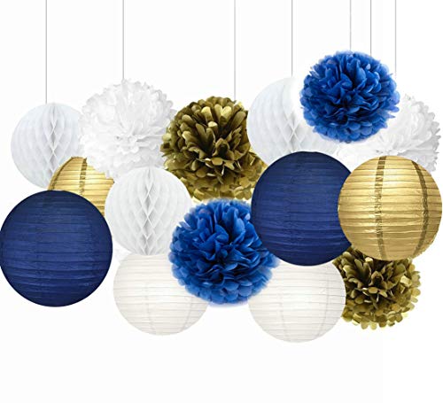 Sopeace White Navy Blue Gold 8Inch 10Inch Tissue Paper Pom Pom Paper Flowers Paper Honeycomb Paper Lanterns For Navy Blue Themed Party,Party Decoration Bridal Shower Decor Baby Shower Decoration #TOP24