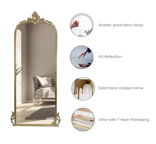 Image of Full Length Mirror with Ornate Frame Tall Standing Floor Mirror for Bedroom, Dressing Room & Living Room (Glam Gold (Without Stand))