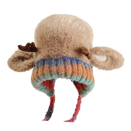 drburpily Bonnet de Rangement cerf avec Bonnet de Noël 2 en 1 Pratique à Motif Bois Renne pour s'amuser en Hiver. Élasticité Ajustable. Renne Coupe-Vent avec Jolis Bois, Kaki, M (56-58 cm)