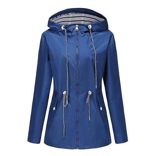 Giacca da mezza stagione, da donna, elegante, lunga, softshell da donna, a vita lunga, impermeabile, traspirante, con cappuccio, impermeabile, jogging, equitazione, giacca a vento, Blu, 5X-Large