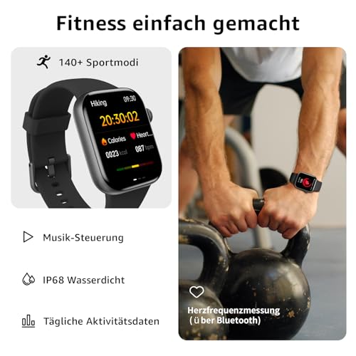 Smartwatch Damen Herren, 1,85\ HD Touch Fitnessuhr mit Telefonfunktion, 140+Sportmodi Smart Watch Fitness Tracker mit Pulsmesser Schlafmonitor Schrittzähler, IP68 Wasserdicht Sportuhr für iOS Android