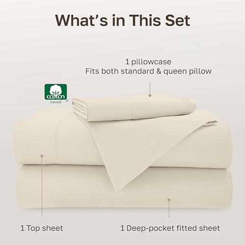 Image of California Design Den Twin Size Sheet Set - 100% Cotton, 500 Thread Count Sateen, Deep Pocket Bed Sheets with Fitted Elastic Sheet, Extra Soft Luxury - Ivory (Creamy Beige Tone)