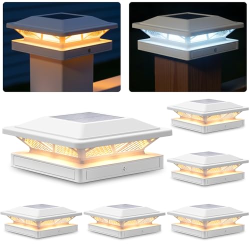 SIEDiNLAR Solar Post Cap Light 2 Modes 6 Pack 3.5x3.5 4x4 4.5x4.5 5x5 Vinyl/Wooden Posts Waterproof Outdoor Lighting for Fence Deck Patio Garden Decor White/Warm (White)