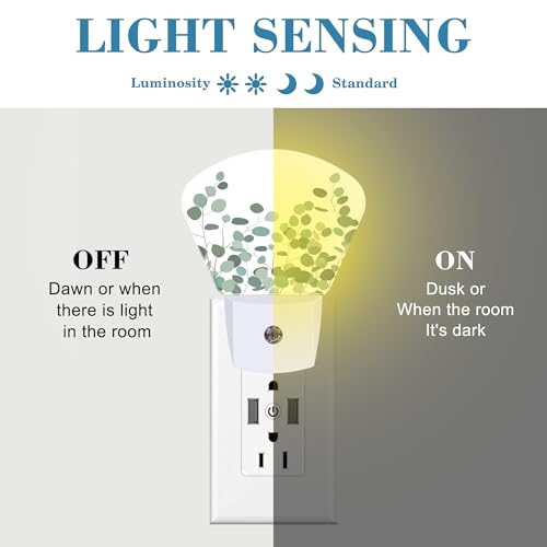 Image of Green Eucalyptus Night Light for Kids Girls Boys, Watercolor Eucalyptus LED Night Light Plug into Wall with Dusk to Dawn Sensor for Room, Hallway, Kitchen, Bathroom, Stairs Decor