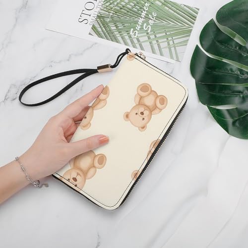 Teddy Bears Brown Beige Women's Leather Clutch Wallet with Zip Card Holder Hand Strap Large Capacity4