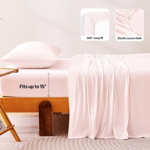 Image of Amazon Basics Cooling Sheets, 3-Piece Bed Sheet Set for Summer, Soft and Breathable for Hot Sleepers, Bedding with 1 Deep Pocket Fitted Sheet, 1 Flat Sheet, and 1 Pillowcase, Twin, Pink