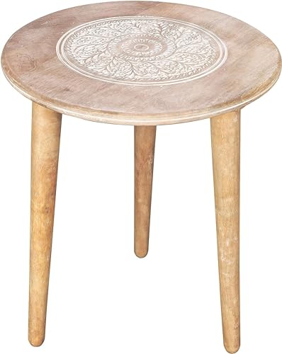 Image of WOOYNEX Wooden Table with Three Legs A Modern Round Coffee Table and Side Table for Small Spaces with Pillar, Wood Books, Magazines, and Plant Stand for Living Room Entryway Table -White Wash
