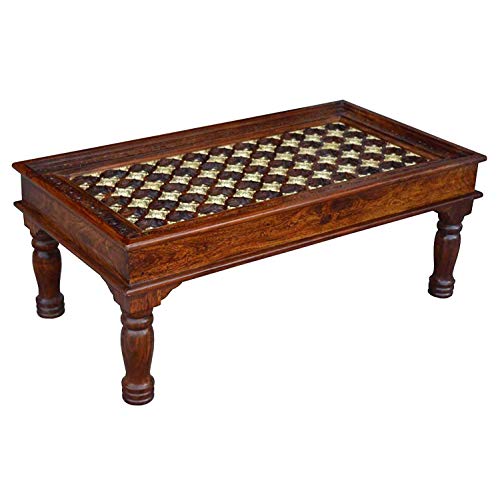 Image of Jangid Handicraft Sheesham Wood Rectangle Center Coffee Table for Living Room | Centre Table with Brass Chair Nails Design| Without Glass Top, Rosewood, Brown