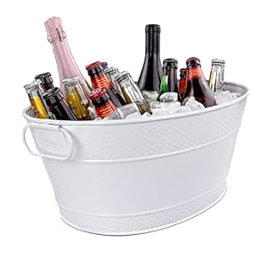 BREKX White Drink Cooler for Parties, Sealed Leak & Rust Resistant Galvanized Tub, Large Ice Bucket and Drink Bucket with Handles, 15 Quarts (4 Gallon), Oval Bucket with Easy to Clean Glossy Finish