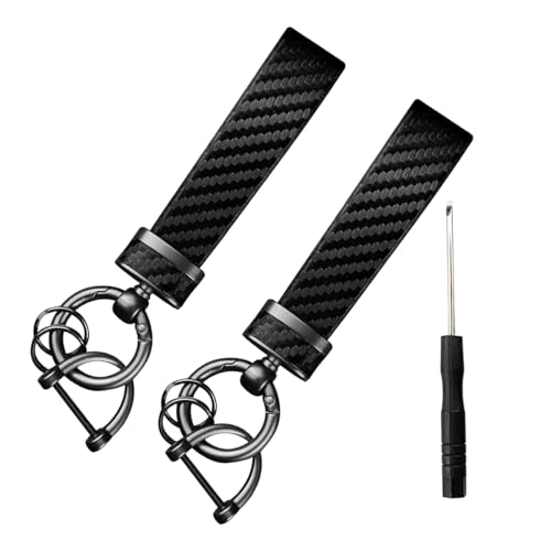 Image of smilfuy Carbon Fiber Leather Car Keychain - Key Chain Ring Key Tag Car Key Fob Holder for Men Women - Anti-Lost D-Ring (Black, 2PCS)