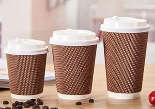 12oz Takeaway Coffee Cups to Go with White Lids, Kraft Ripple Paper Cups with Wooden Stirrers [12oz, 340ml, 100 Pack] Disposable Takeaway Insulated Biodegradable Paper Cups for Tea and Hot Drinks