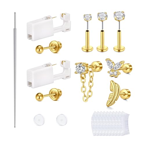 QWALIT Ear Piercing Kit Gold Ear Piercing Gun Kit Self Piercing Earrings Piercing Kit Disposable Earring Gun Piercing Kit with Earring Studs Self Cartilage Ear Piercing Kit Flat Back at Home