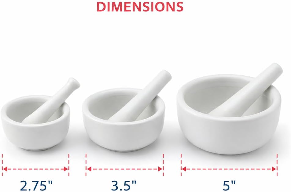 HIC Kitchen Mortar and Pestle Set, Fine Porcelain, Set of 3 Sizes, Spice Herb Grinder, Pill Crusher, Nut Butter Maker
