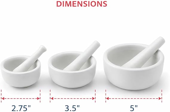 HIC Kitchen Mortar and Pestle Set, Fine Porcelain, Set of 3 Sizes, Spice Herb Grinder, Pill Crusher, Nut Butter Maker