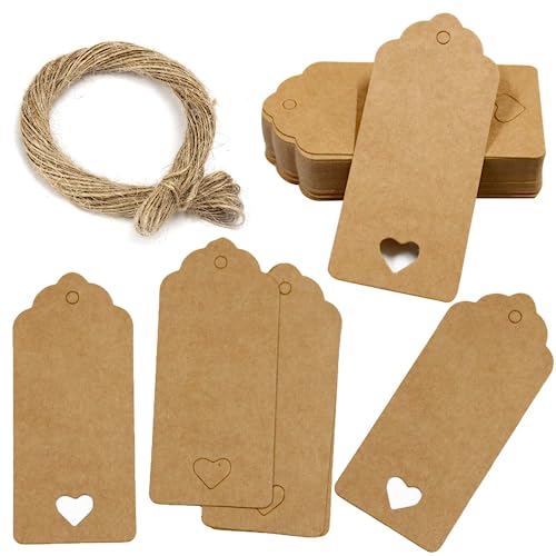 150 Stk. Kraftpapier Anhänger, Etiketten Tags Geschenk Anhänger Namensschilder Hochzeit Geschenkanhänger Groß 4 X 9cm mit Herz und Jute Schnur 30 Meter zum Basteln als Preis-Etiketten