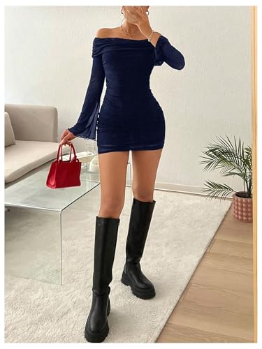 Image of GORGLITTER Women's Off The Shoulder Mesh Mini Dress Long Sleeve Y2K Sexy Ruched Bodycon Birthday Club Party Dresses
