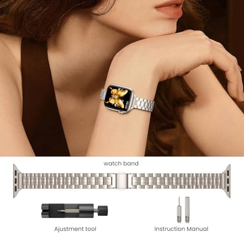 Image of STIROLL Thin Replacement Band Compatible for Apple Watch 49mm Ultra 3 2 1, 46mm Series 11 10,45mm Series 9 8 7, 44mm Series 6 5 4 SE, 42mm Series 3 2 1, Stainless Steel Metal Wristband iWatch Bands for Women, Starlight(No Case)