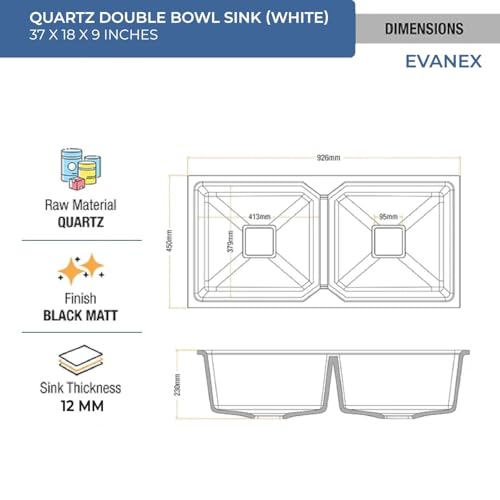 Image of EVANEX Quartz Sink for Kitchen | Double Bowl | Topmount /Undermount Kitchen Sinks | White Double Sink with Connector, Waste Pipe, Coupling and Drain Basket | 37x18x9 Granite Kitchen Sinks