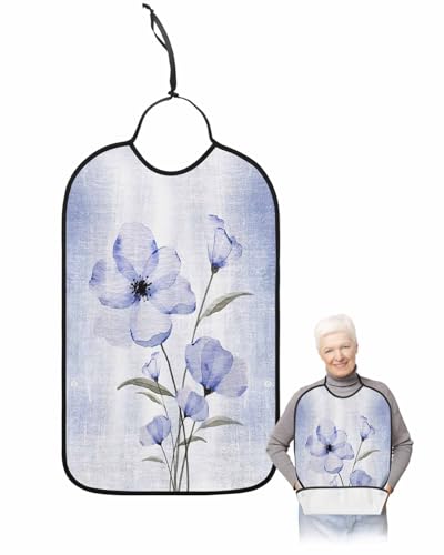 LEOKOTI Purple Spring Floral Adult Bibs for Eating, Waterproof Bibs with Food Catcher & Adjustable Snap Closure, Vintage Elegant Summer Botanical Washable Clothing Protectors Adult Bibs for Elderly
