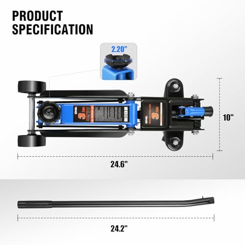 Image of DNA Motoring 3 Ton Low Profile Floor Jack, 3 tons (6000 lbs) Capacity Fast Lift Hydraulic Trolley Service /Floor Jack, 7.7 inch-21 inch Lifting Range, Blue, TOOLS-00674-BL