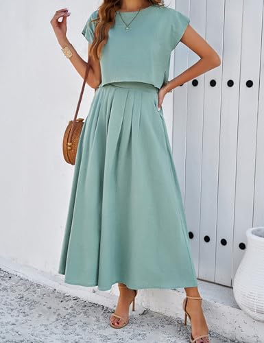 Image of HangNiFang Summer Skirt Sets Women 2 Piece Outfits Cap Sleeve Top Elastic Waist Maxi Dress Sets with Pockets