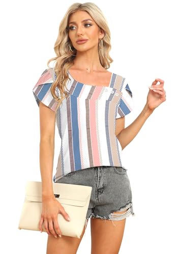 Image of Womens Petal Sleeve Tops Summer Trendy T Shirt Casual Loose Square Neck Button Blouse Tees