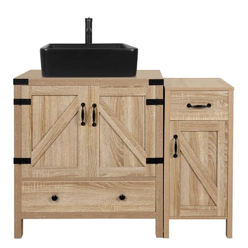SOLIDEE 28-inch Modern Natural Color Fixture Stand Pedestal Bathroom Vanity with Freestanding Storage Cabinet and Black Ceramic Vessel Sink Top - Thumbnail 7