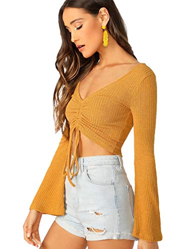 Image of SweatyRocks Women's Adjustable Drawstring String Long Bell Sleeve Rib Knit Sexy Crop Top Yellow L