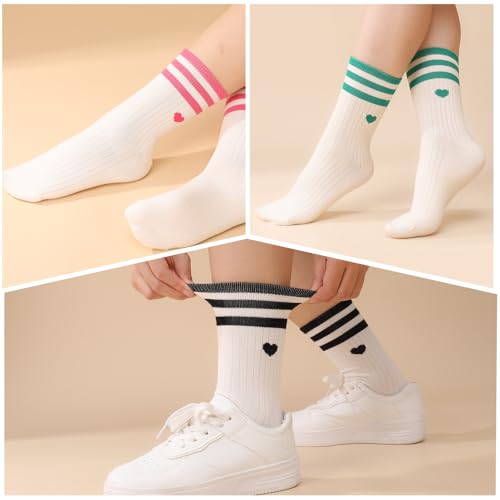 Image of Jspupifip Heart Socks 6 Pairs Crew Athletic Cotton Women Striped Socks with Retro Stripes Hearts
