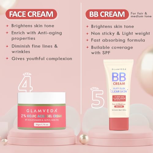 Image of Glamveda 5 Step Skincare + Coverage Set - Includes 2% Kojic Acid Facewash, Spot Corrector, Serum, Cream & BB Cream (Fair Tone) for Dark Spot Correction | Oil Control | Hydration and Flawless Finish.