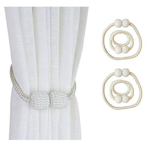 4 Imán para Cortinas，corbatas de cortina magnéticas, pequeños clips de hebilla de cortina de perlas Retenciones de cuerda, para el hogar, la oficina, la decoración de la ventana del hotel(Beige)