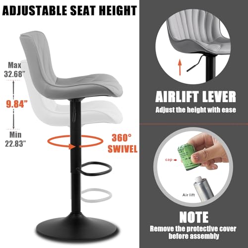 Image of Bar Stools Set of 2 Modern Kitchen Counter Chairs Swivel Barstools Grey | Faux leather upholstered island chairs with backs & metal base. Adjustable Height, easy to clean & load 300 lbs