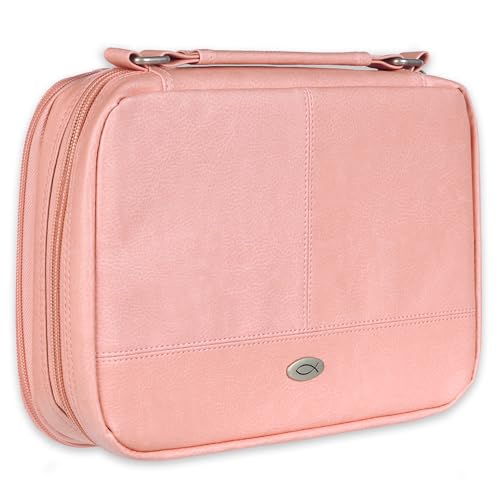 Inspirational vegan leather Bible cover with organizer, pink, medium