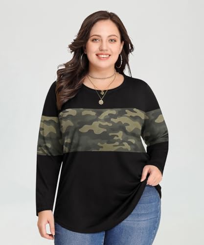 Image of CARCOS Plus Size Tops for Women Color Block Flower /Striped /Camo Crew Neck Long Sleeve Tee Shirt