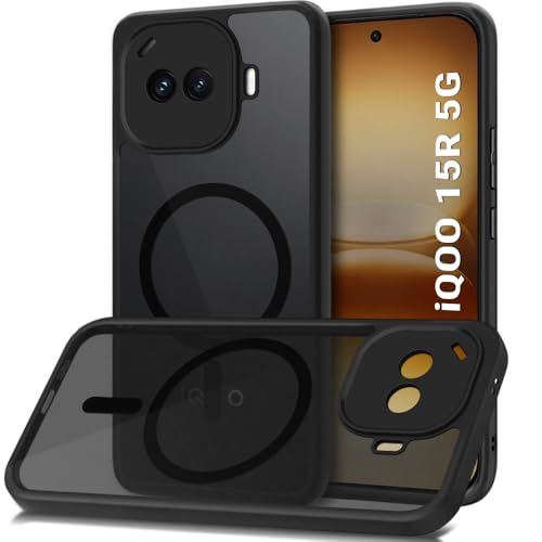 Image of TheGiftKart Hybrid Shockproof Back Cover Case for iQOO 15R 5G Compatible with MagSafe | Hard Back Cover Case for iQOO 15R 5G (PC & TPU, Translucent Smoke Matte Back, Black Sides)