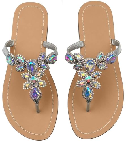 Image of Rhinestone Sandals for Women - Sparkly Jeweled Bling Thong Flip Flops, Dressy Gemstone Flat Sandals for Wedding, Party, Beach & Summer Outfits