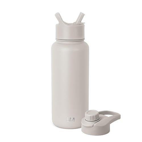 Botella de agua Simple Modern con pajita y tapa de chupar, termo de acero inoxidable con aislamiento al vacío | Botella térmica de metal reutilizable a prueba de fugas y libre de BPA para deportes | Colección Summit | 32oz, Almendro Abedul