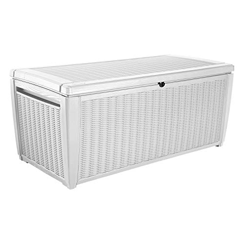 Keter Sumatra 135 Gallon Resin Large Deck Box with Included Suspensions Basket for Towels, Storage Net, Drainage Holes - Perfect for Storing Pool Toys and Accessories