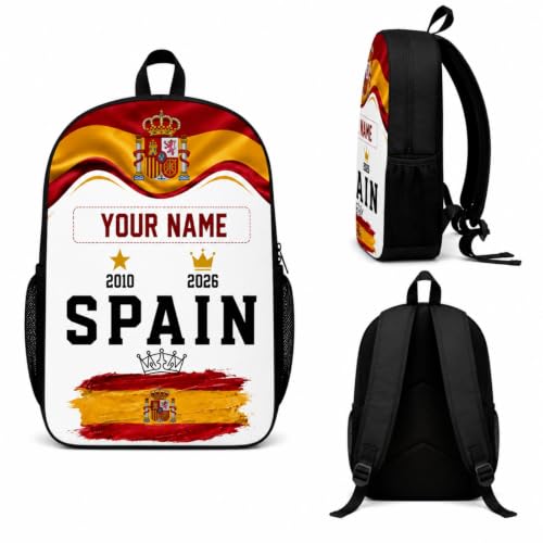 Genérico Mochila personalizada con nombre, mochila escolar de edición conmemorativa con bolsillos de malla, regalo para niño aficionados al fútbol (Versión del campeón de España)