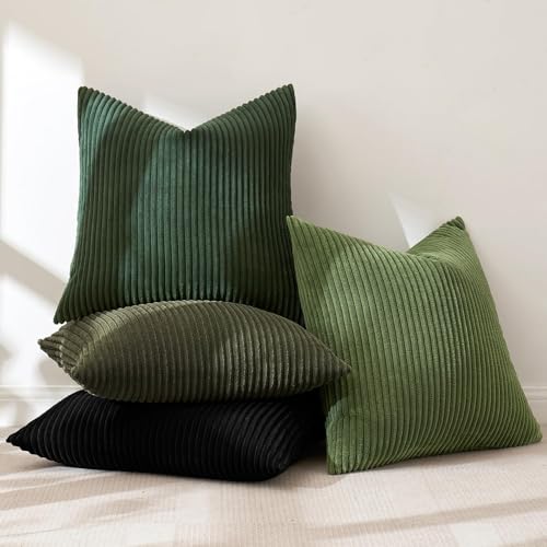 Image of MIULEE Boho Farmhouse Throw Pillow Covers 18x18 Inch Set of 4 Mordern Neutral Green Cushion Covers Soft Corduroy Nordic Home Decor for Spring Couch Bed Sofa Living Room Green-Black