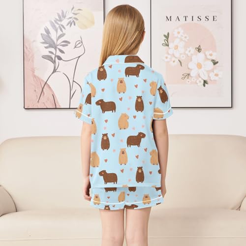 Cute Capybara Drawing Blue Summer Satin Pajama Set, Cute Button-Down Sleepwear Pj Set for Sleep Wears4